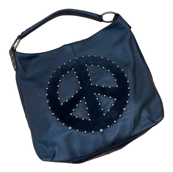 Lucky Brand Handbags - Lucky Brand Black Studded Leather Peace Sign Hobo Bag Shoulder Bag Handbag Tote